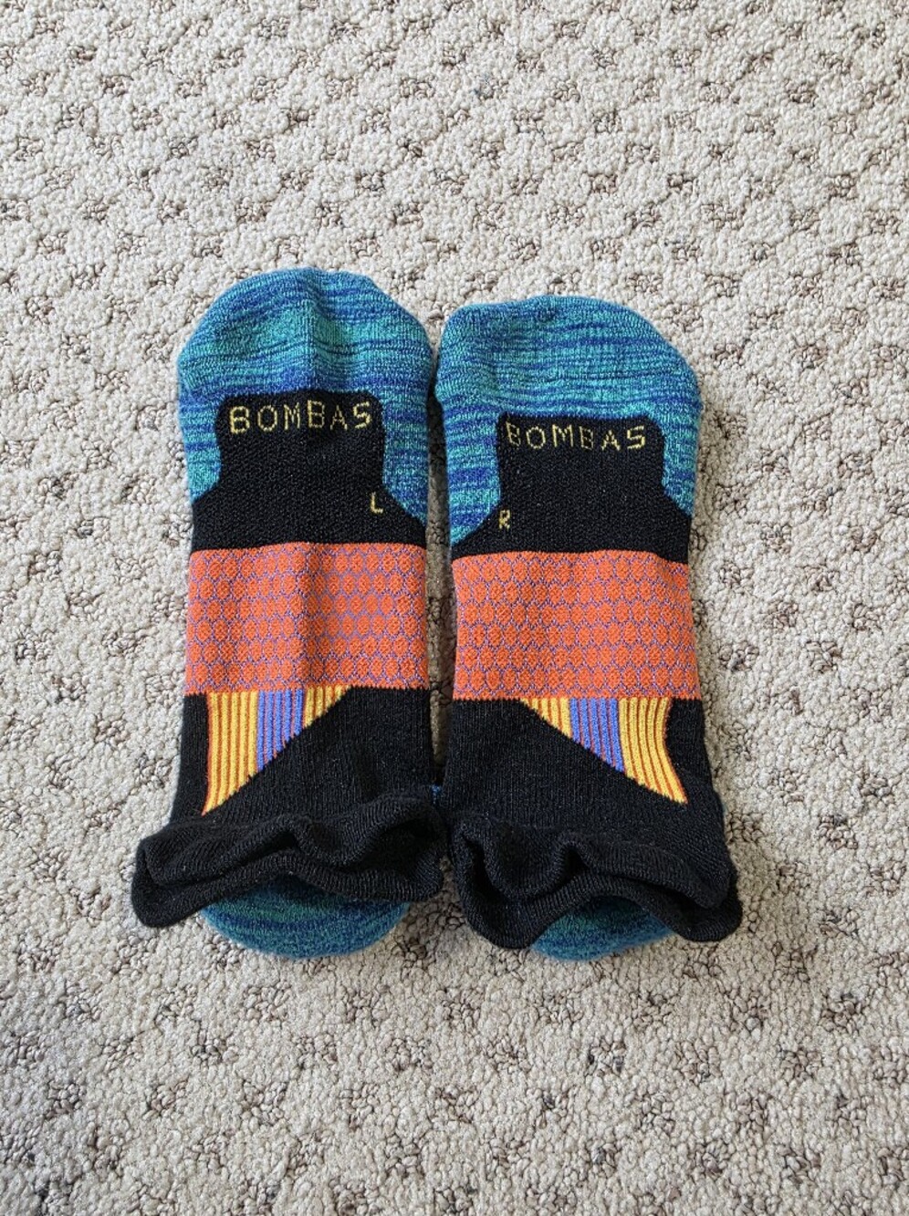 Bombas Low-Cut Performance Socks in Teal, Black & Orange